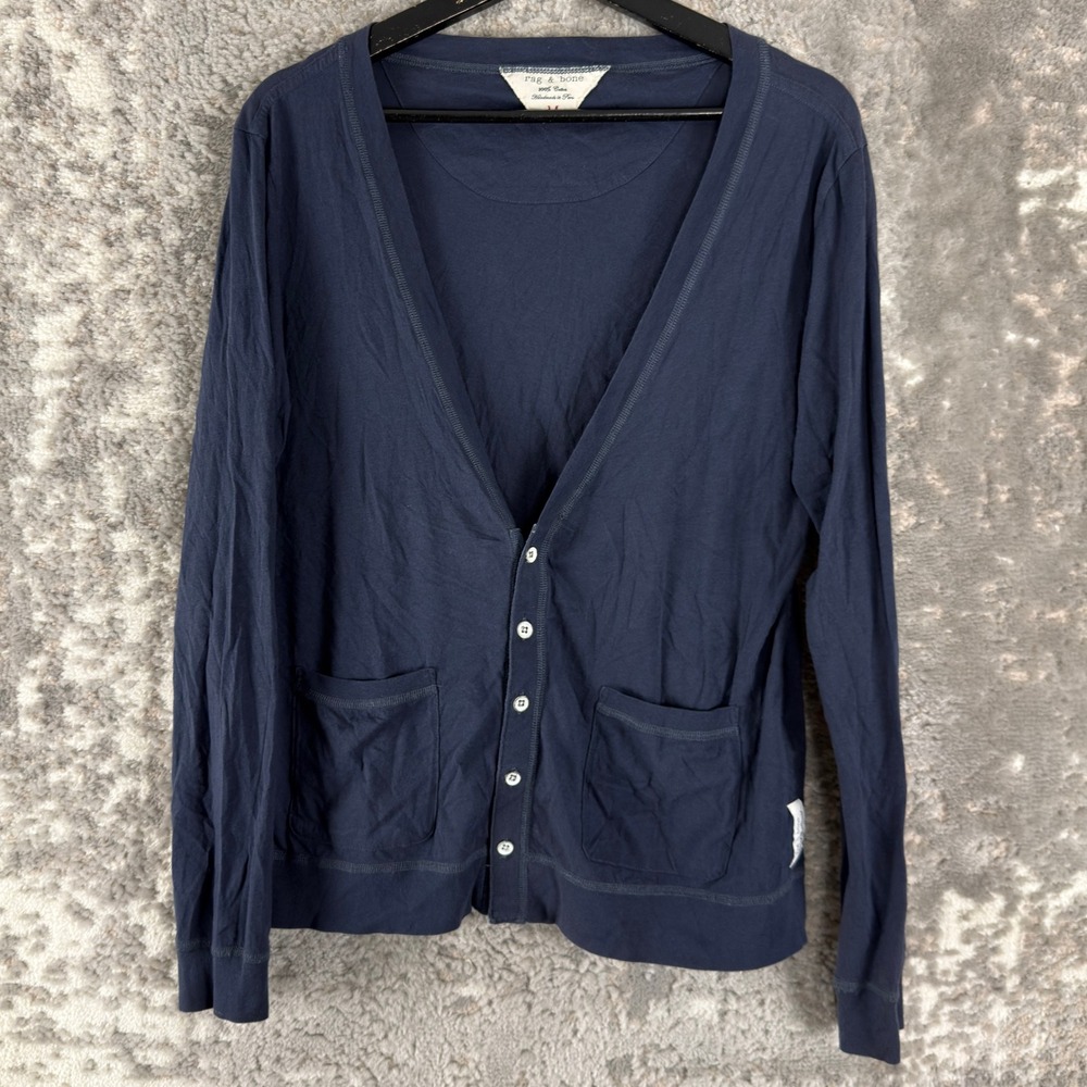 rag & bone Size M Cotton Lightweight V-Neck Pocket Cardigan Navy Blue Women